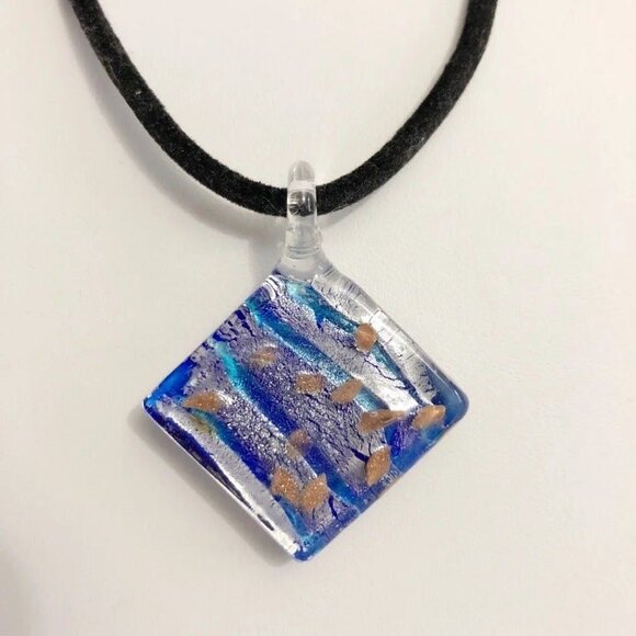 Diamond Glass Pendant Necklace Dark Blue - Picture 1 of 6